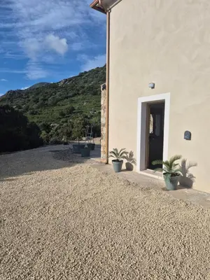 a building with two potted plants next to a door at CasaKia in Pietralba