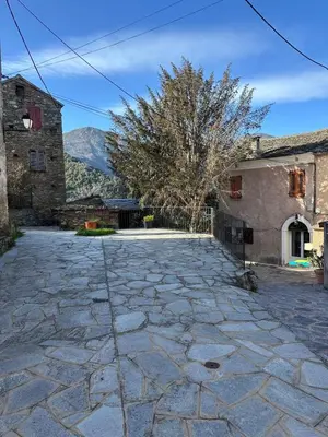 a stone courtyard with a tree and a building at Charming village house in Cambia