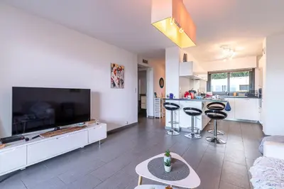 a living room with a large tv and a kitchen at Clos Vignola - Domaine de la Viva -Superbe vue mer in Grosseto-Prugna