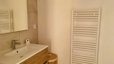 a bathroom with a sink and a mirror at Domaine de Gialla Bergerie I Pini, 8 pers, piscine chauffée, 10 mn plage in Arraggio