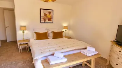 a bedroom with a large bed and a television at Domaine de Gialla Bergerie Prugna, 8 pers, piscine chauffée, 10 mn plage in Arraggio