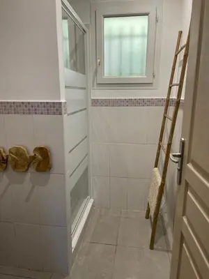 a bathroom with a shower and a window and a ladder at A l'Ombra Di l'Alivu in Figari