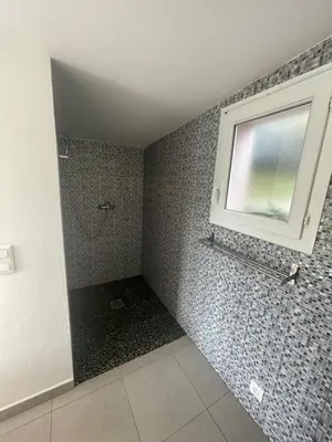 a bathroom with a shower with a window on the wall at A l'Ombra Di l'Alivu in Figari