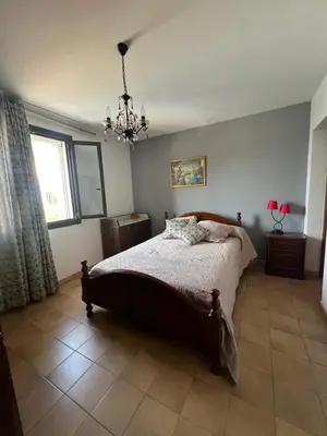 a bedroom with a bed and a chandelier at Villa Santa Rita in Lucciana
