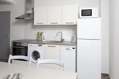 a kitchen with a washing machine and a white refrigerator at Résidence Hotelière Capu Seninu in Porto Ota