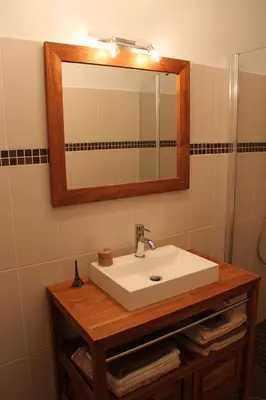 a bathroom with a white sink and a mirror at Quenza-Alta Rocca in Quenza