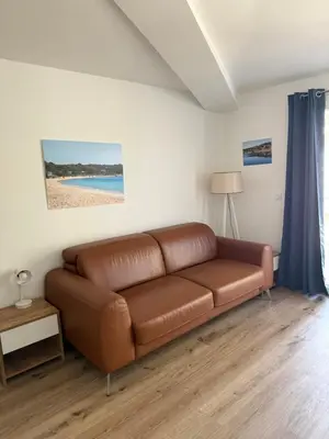 a living room with a brown leather couch in a room at Studio 47 Cala Rossa Porto Vecchio in Lecci