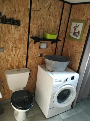 a bathroom with a toilet and a washing machine at L'Attellu di Babbu in Lecci