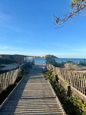 a wooden pathway leading down to the beach at Typical Corsican Village House with Garden in Calenzana