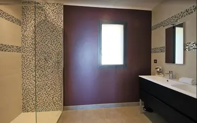 a bathroom with a sink and a glass shower at Appartement avec vue sur la mer à Olmeto in Olmeto