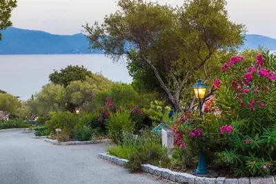 a garden with pink flowers and a street light at Charmante maison à Olmeto avec piscine partagée in Olmeto