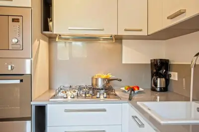 a kitchen with a stove with a pot on it at Charmante Maison de Vacances à Olmeto avec Piscine in Olmeto