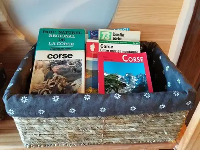 a basket filled with books on a staircase at La Perle du Valinco #Familial#Balcon#Piscine#Mer in Propriano