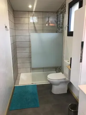 a bathroom with a toilet and a shower with a blue rug at L'Accugliente in Lecci