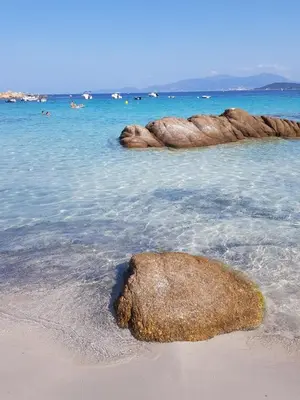 a rock in the water on a beach at chambre face a la mer in Porticcio