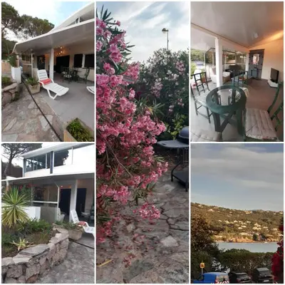 a collage of photos of a house with pink flowers at Vermentinu T1 bis 50 m plage du Ruppione in Pietrosella