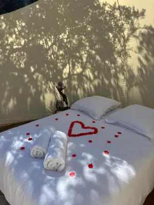 a bed with red hearts on top of it at Bulle du Fangu in Galeria