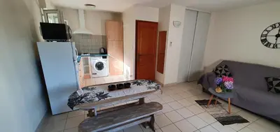 a living room with a couch and a refrigerator at Studio 30 m2 climatisé calme in Eccica-Suarella