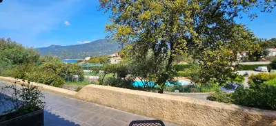 a stone wall with a tree and a swimming pool at T2 Dolce & Vita C3 vue mer et piscine in Propriano