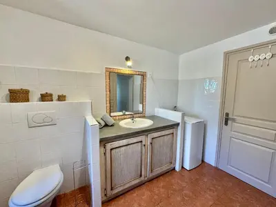 a bathroom with a sink and a toilet and a mirror at Villa le Palmier 10 personnes piscine, vue mer, plage in Olmeto