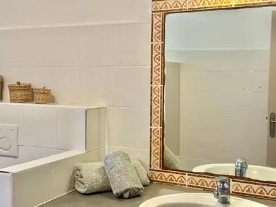 a bathroom with a mirror and a tub and a sink at Villa le Palmier 10 personnes piscine, vue mer, plage in Olmeto