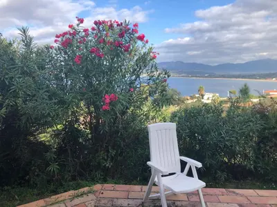 a white chair sitting next to a bush with pink flowers at Maison familiale vue mer in Grosseto-Prugna