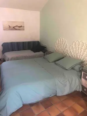 a bedroom with a large bed with two pillows at Maison familiale vue mer in Grosseto-Prugna
