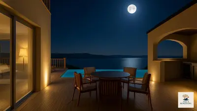 a room with a table and chairs on a balcony at night at Villa haut de gamme vue panoramique exceptionnelle in Porto-Vecchio