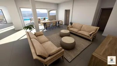 a living room with a couch and chairs and a table at Villa haut de gamme vue panoramique exceptionnelle in Porto-Vecchio