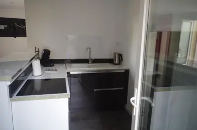 a small kitchen with a sink and a shower at Studio entre mer et montagne in Taglio-Isolaccio