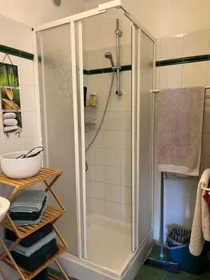a shower with a glass door in a bathroom at T3 climatisé pour 4 à 6 personnes proche mer en Corse in Linguizzetta