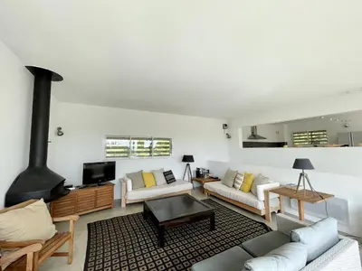 a living room with a couch and a fireplace at ruscana in Pinarellu