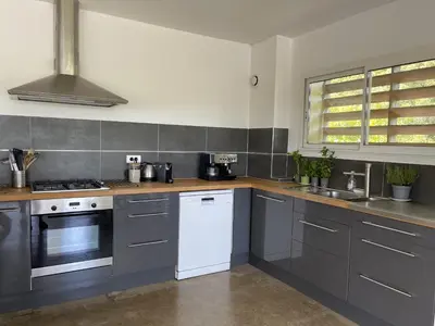 a kitchen with gray cabinets and white appliances at ruscana in Pinarellu
