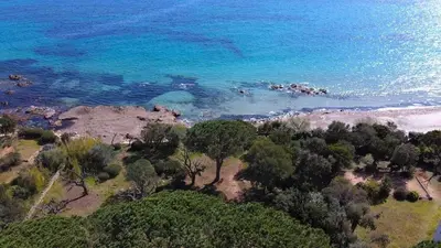 an aerial view of a beach and the ocean at meiji in Pinarellu