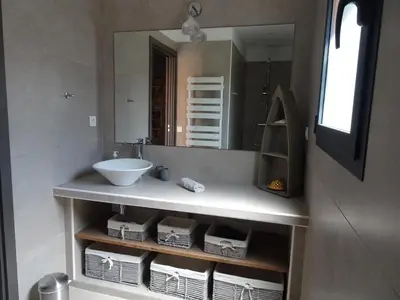 a bathroom with a sink and a mirror at Les Voiles in Pinarellu