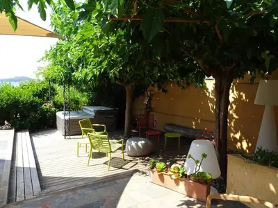 a patio with chairs and a swing under a tree at Les Voiles in Pinarellu