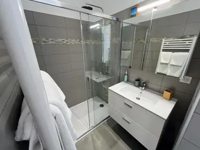 a bathroom with a glass shower and a sink at Bel appartement avec piscine en bord de mer in Ajaccio