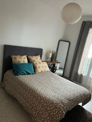 a bedroom with a bed with pillows and a mirror at Location appartement de vacances Ajaccio in Ajaccio