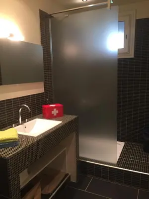 a bathroom with a sink and a shower with a mirror at Location appartement de vacances Ajaccio in Ajaccio