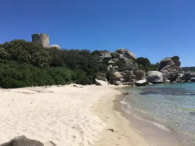 a sandy beach with a castle in the background at Gîte Ortolu in Monacia-dʼAullène