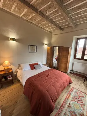 a bedroom with a large bed with a red blanket at Maison de Caractère au coeur du village in Castifao