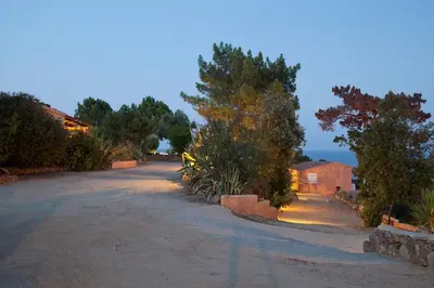 a dirt road with trees and a house in the distance at Le Thyreneen in Sari Solenzara