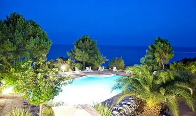 an overhead view of a swimming pool with palm trees at Le Thyreneen in Sari Solenzara