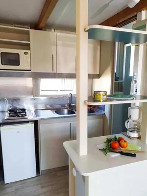 a kitchen with a counter with some oranges on it at Chalet 3 étoiles - Piscine - ccb0fdc in Viggianello