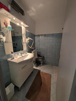 a bathroom with a sink and a mirror and a shower at Au Châtaignier Corse in Vico