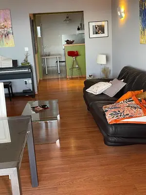 a living room with a black couch and a piano at Ajaccio sanguinaires F3 in Ajaccio