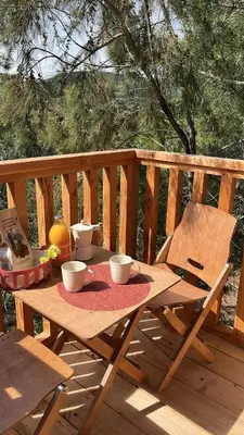 a wooden table with two coffee cups on a deck at U Pinarellu in Zonza