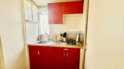 a small kitchen with red cabinets and a sink at Chalet M tout confort proche des plages in Pianottoli-Caldarello