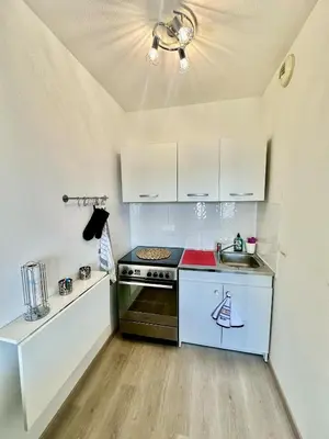 a small kitchen with a stove and a sink at Ajaccio Apartment STUDIO in Ajaccio