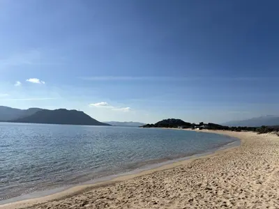 a beach with the ocean and mountains in the background at fior di cala rossa in Lecci